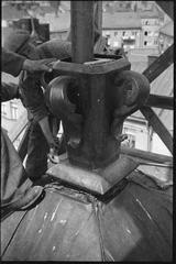 Oscarskyrkan church spire under repair in 1955, detailed exterior view