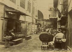 Historic black and white photograph of Khan Elkhalili marketplace in Cairo, Egypt, from 1875