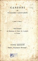 Page of Canzoni di Giacomo Leopardi titled Sull'Italia - Sul Monumento di Dante with dedication to Cavaliere, 1818 edition by Bourlié in Rome