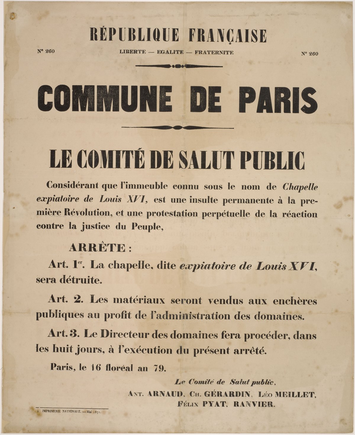 French Revolutionary Committee of Public Safety poster announcing the destruction of the Chapelle Expiatoire of Louis XVI