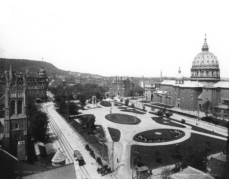 Dominion Square in Montreal around the year 1895 with historic buildings and horse-drawn carriages