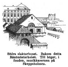 Historic illustration of Södra slaktarhuset in Stockholm from 1895 book