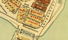 Historical map section showing Stockholm city blocks Achilles, Cadmus, and Narcissus from Alfred Rudolf Lundgren's 1885 map
