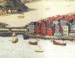 Historical painting of Skeppsbron in Stockholm around 1700 with the Räntmästarhuset building on the left