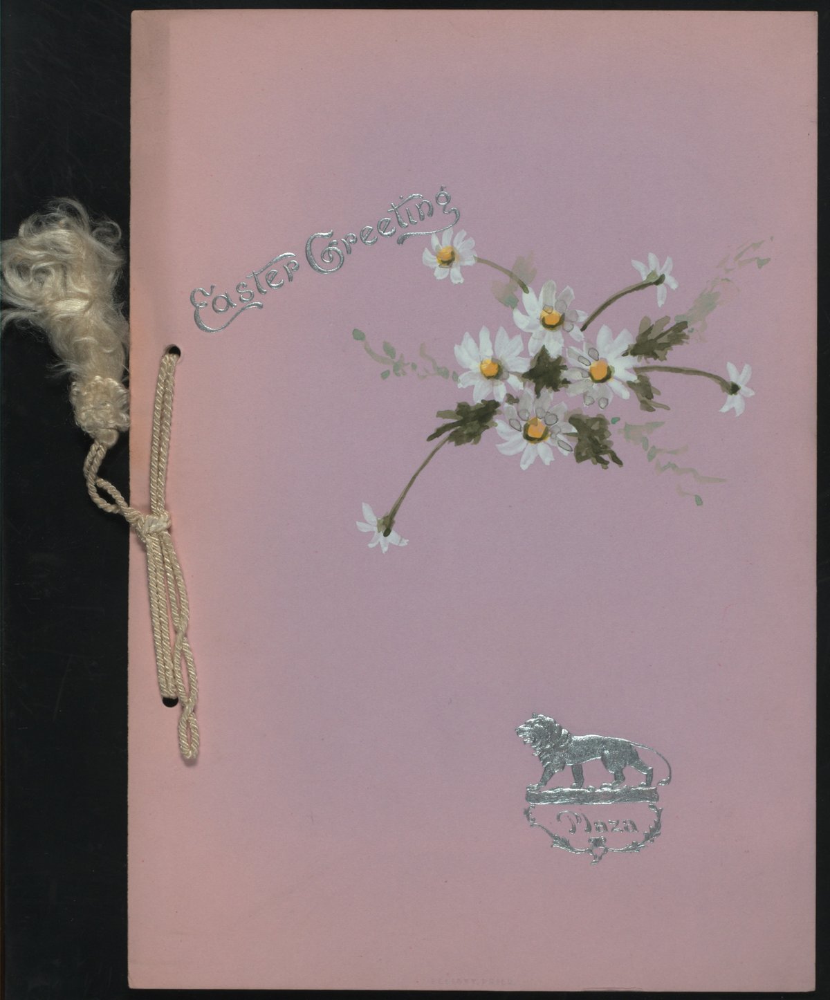 Flowers and hotel emblem on front cover fastened by twisted cord