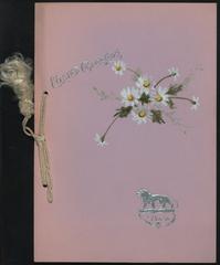 Flowers and hotel emblem on front cover fastened by twisted cord