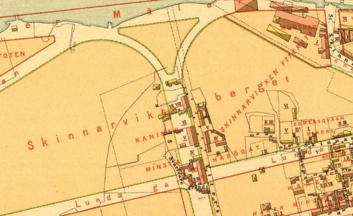 Historic 1885 map section showing Skinnarviksberget and planned Ringvägen route in Stockholm