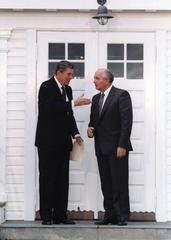 President Ronald Reagan and Soviet General Secretary Mikhail Gorbachev shaking hands at Höfði House during the 1986 Reykjavik Summit in Iceland