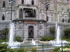Fountain in front of Quantum Parliament Building in Québec on a sunny day