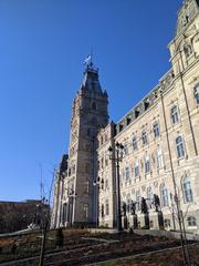 Quebec National Assembly building with Quebec flag at half-mast on May 13, 2020, honoring Covid-19 pandemic victims