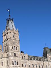 Quebec National Assembly building with Quebec flag at half-mast on May 13, 2020 in memory of COVID-19 victims