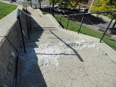 Concrete staircase with black railings and deteriorating landing steps surrounded by grass