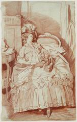 Seated woman wearing a plumed hat, drawn in red chalk by Louis-Roland Trinquesse