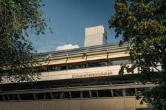 Exterior of Stockholm University Library building with a modernist architectural style