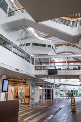 Interior entrance of Stockholm University Library with modern design and lighting