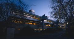 Stockholm University Library at dusk in autumn