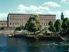 Strömparterren park with Royal Palace in the background and fishing nets in the foreground