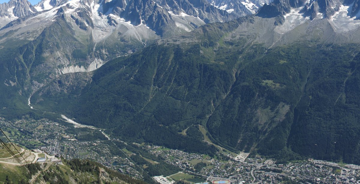 View of River Arveyron valley with Chemin de fer du Montenvers railway line, Signal Forbes, Grand Balcon Nord, Montagne de Blaitière, forests above Les-Praz-de-Chamonix, Les Planards, waterfalls of Ai