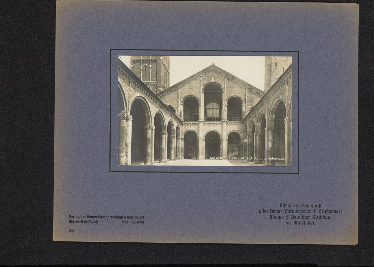 Exterior view of the colonnade of the Basilica of Saint Ambrose in Milan
