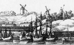Panoramic view of Södra varvet and Bagarkvarnen at Hårdhs in 1836