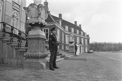 Exterior view of Huis ten Bosch palace in Den Haag, black and white photo from April 9, 1973