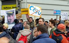 Demonstration of the Hungarian Two-tailed Dog Party in Budapest with colorful banners and people