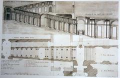 Engraving reproduction of Scala Regia plan from 1694 showing staircases and landings leading to Saint Peter's Basilica and Apostolic Palace