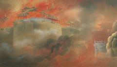 Fire destroying the Epang Palace in traditional Japanese painting