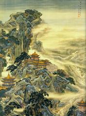 Penglai mythical island detailed depiction on hanging scroll