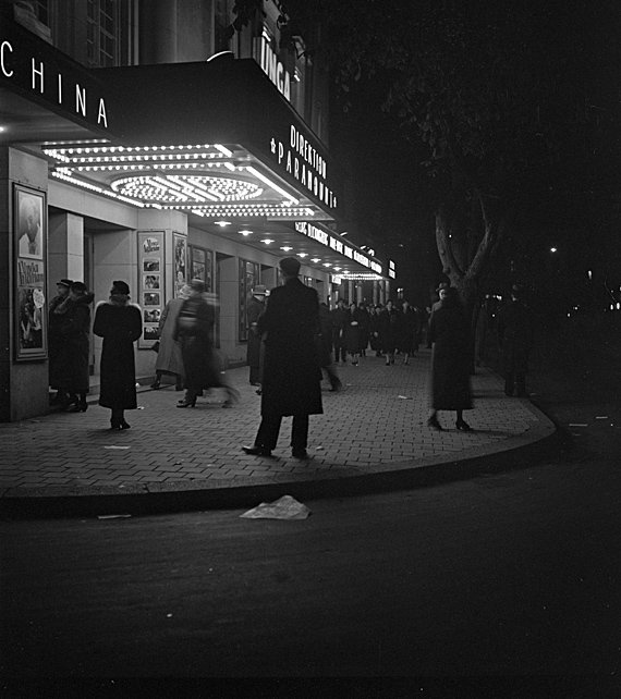 Evening exterior view of the Chinateatern theater entrance in Stockholm