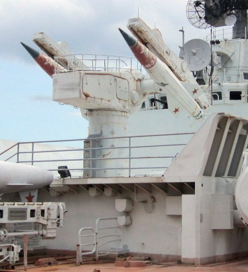 M-11 Shtorm missile launcher with replica missiles on display
