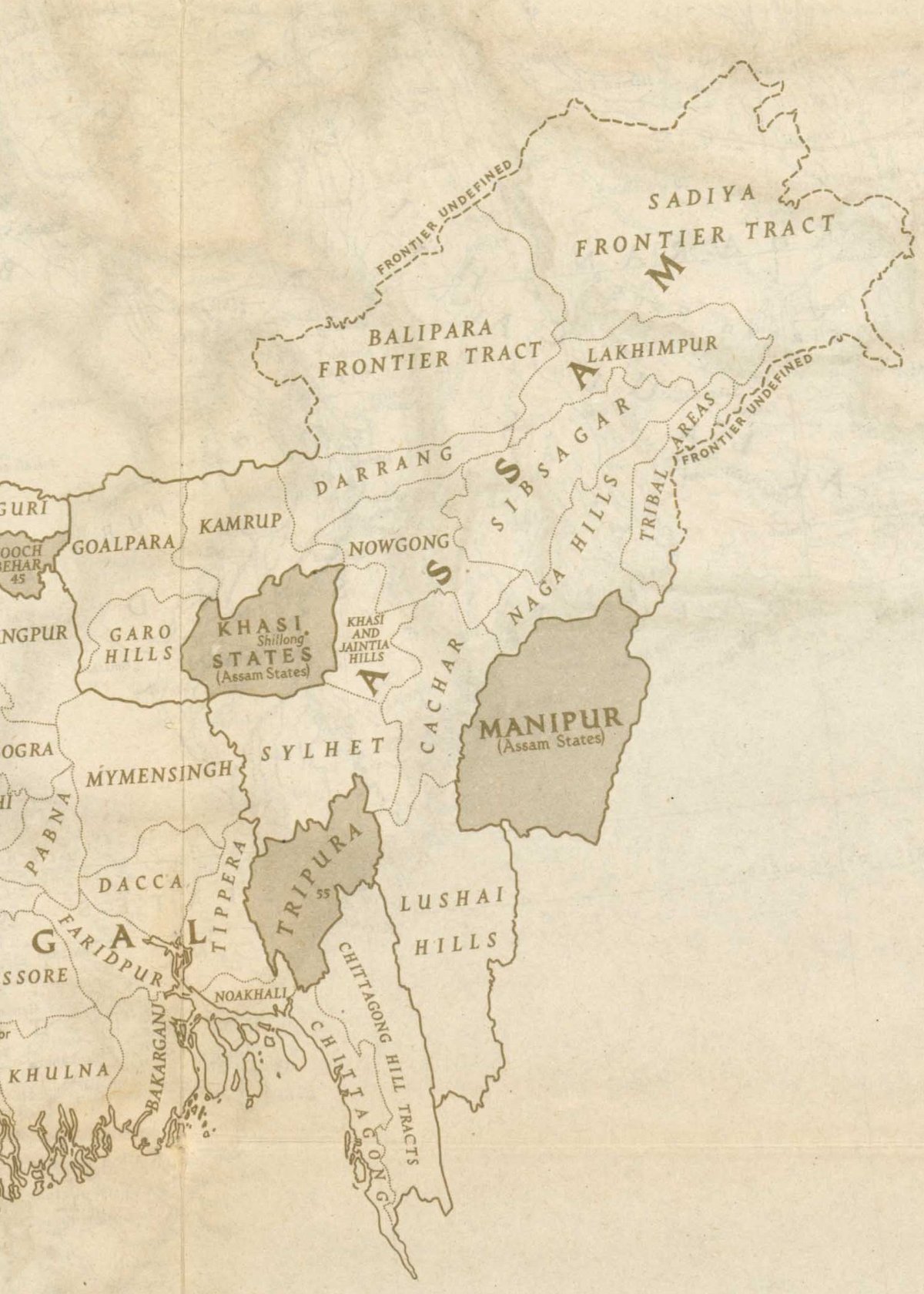 1946 National Geographic map of Northeast India showing geographic and political boundaries
