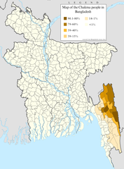 Map showing the percentage distribution of Chakma people by upazila in Bangladesh based on 2011 and 2001 national census data