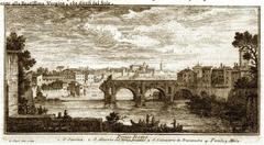 Historical illustration of Ponte Rotto with landmarks S. Sabina, S. Alessio, S. Salvatore in Trastevere, haylofts, and mill