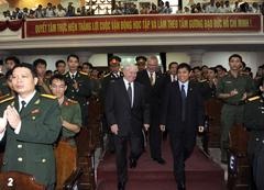 Secretary of Defense Robert M. Gates welcomed by Vietnamese military members, professors and students at Vietnam's National University in Hanoi