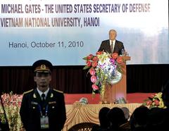 U.S. Defense Secretary Robert Gates speaking at Vietnam National University in Hanoi