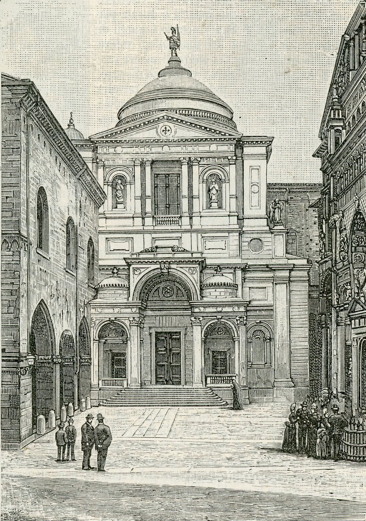 Bergamo Cathedral facade woodcut