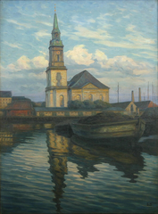 Christians Kirke church in Christianshavn seen from the canal