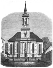 Historical illustration of Frederiks Tyske Kirke (King Frederik's German Church) in Christianshavn, Copenhagen from 1859 edition of Illustreret Tidende