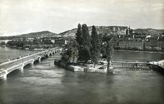 Old postcard showing a historic view of Geneva from the rooftop of the Hotel des Bergues