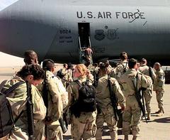 Soldiers of the 11th Air Defense Artillery Brigade boarding a C-5 Galaxy aircraft at Kelly Air Force Base Texas in 1998