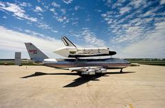 NASA space shuttle orbiter Columbia mounted on a 747 carrier aircraft at Kelly Air Force Base