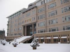 Exterior view of the Library of Northeast Forestry University with modern architectural design and trees in front