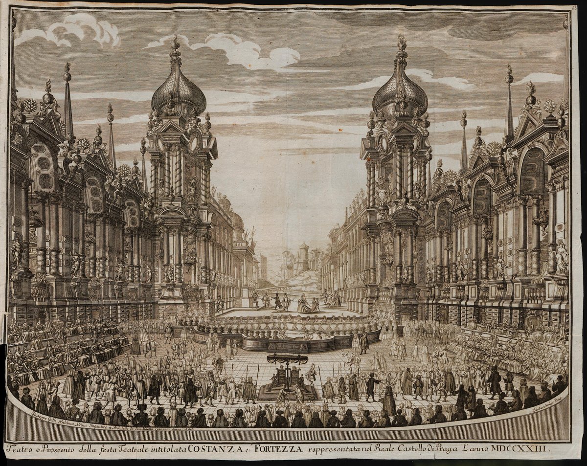 Historical graphic showing the specially constructed theater at the riding school with stage view for the opera Costanza e fortezza