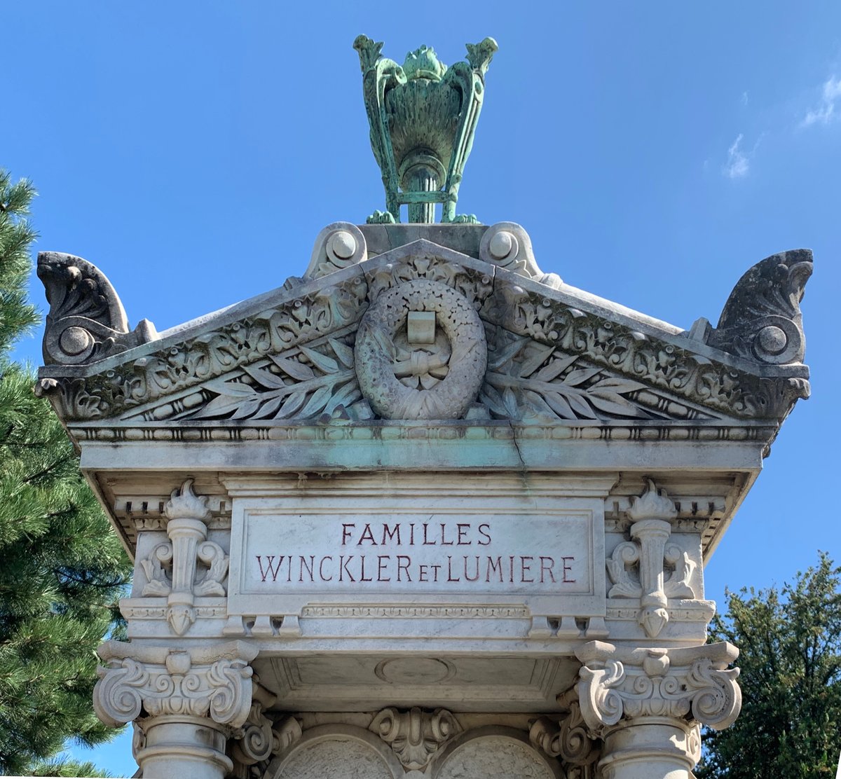 Fronton of the tomb of the Lumière brothers in Nouveau cimetière de la Guillotière