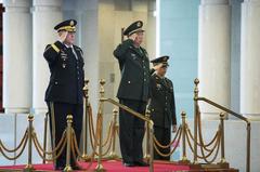 US Army Chief of Staff General Mark A. Milley and PLA Ground Force Commander General Li Zuocheng saluting colors at Bayi Building Beijing
