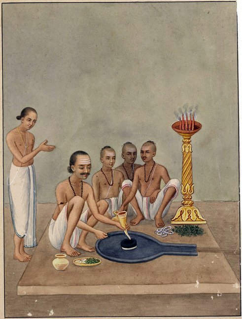 Priests conducting worship inside the Baijnath temple Deogarh circa 1870 watercolor