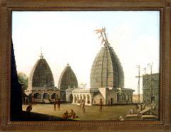 Group of pyramid-shaped temples with trisura and flags at the top at Deorgag, Santal Parhanas, Bihar