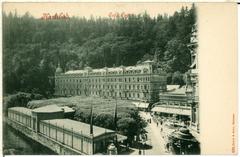 Historic black and white photo of Karlsbad Cafe Pupp building from 1898