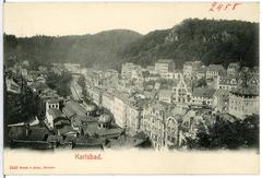 Historic panoramic view of Karlsbad in 1902 with the river and town buildings